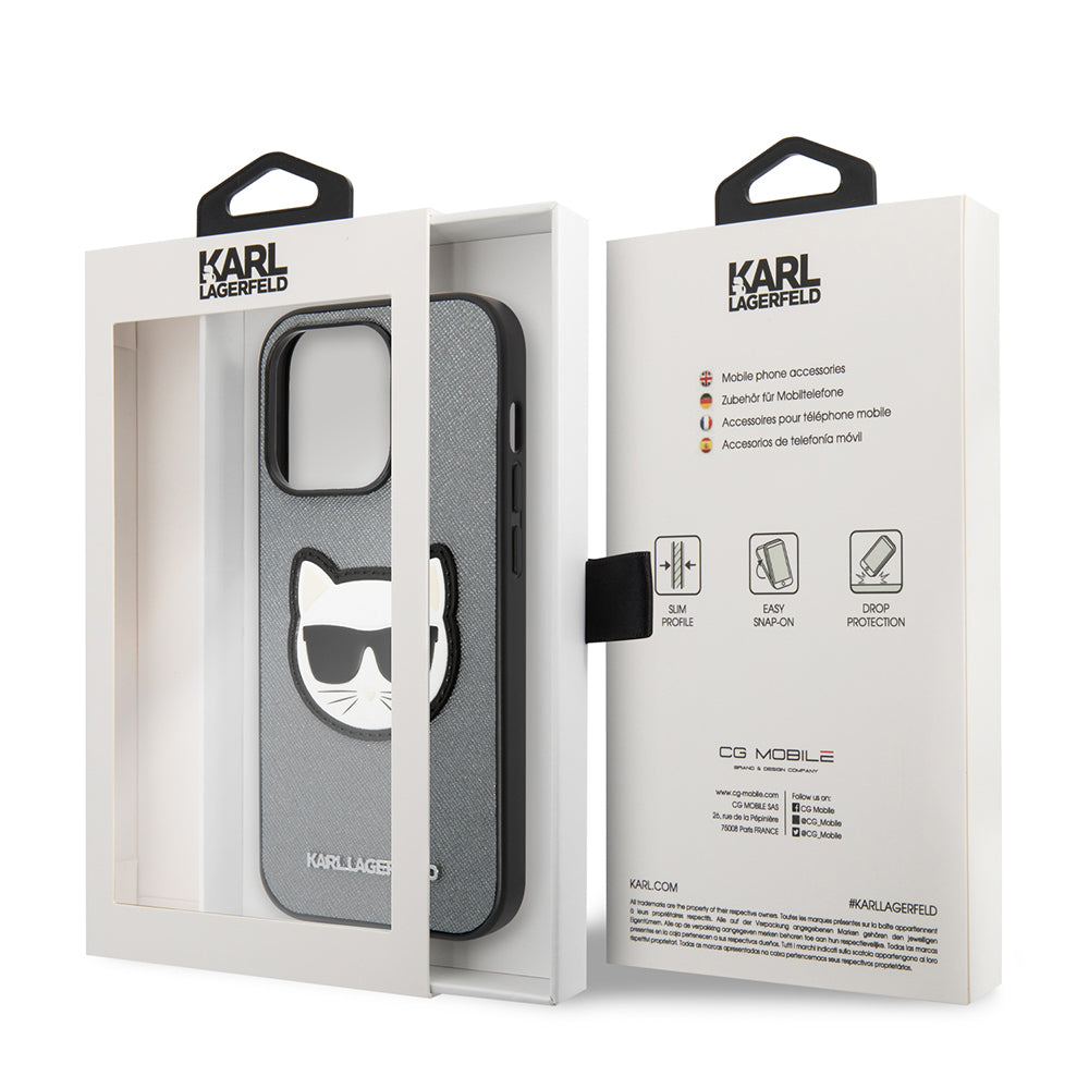 Husa pentru Apple iPhone 14 Pro, Karl Lagerfeld, Saffiano Choupette's Head, Argintie