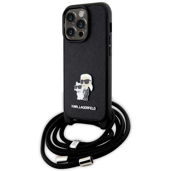Husa pentru Apple iPhone 14 Pro, Karl Lagerfeld, Saffiano Crossbody Metal Pin Karl & Choupette, Neagra