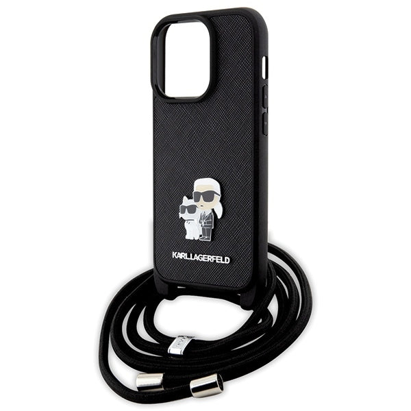 Husa pentru Apple iPhone 14 Pro, Karl Lagerfeld, Saffiano Crossbody Metal Pin Karl & Choupette, Neagra