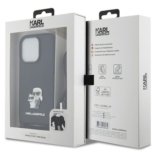 Husa pentru Apple iPhone 14 Pro, Karl Lagerfeld, Saffiano Crossbody Metal Pin Karl & Choupette, Neagra