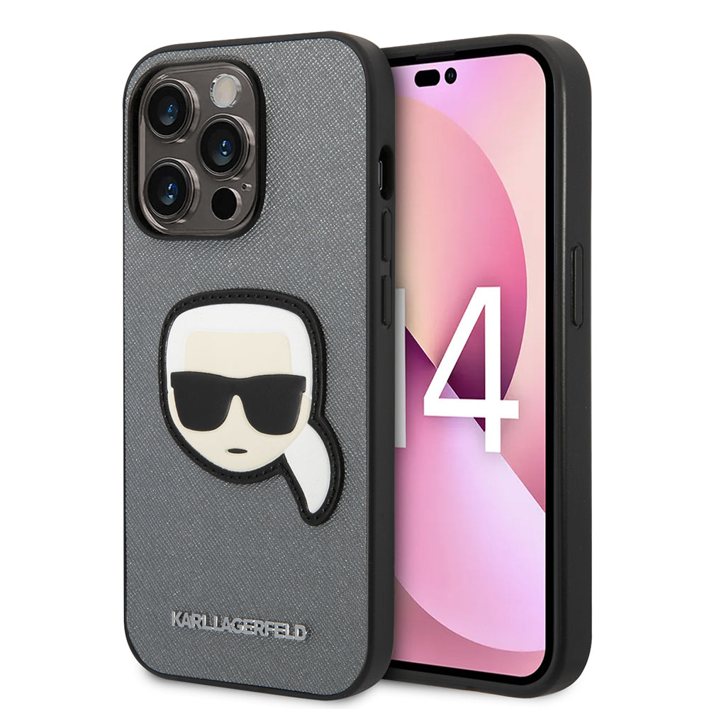 Husa pentru Apple iPhone 14 Pro, Karl Lagerfeld, Saffiano Karl's Head, Argintie