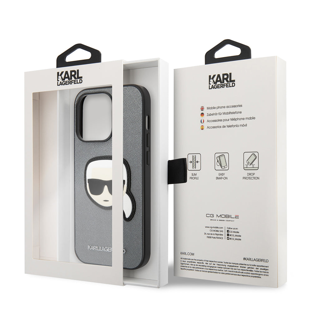 Husa pentru Apple iPhone 14 Pro, Karl Lagerfeld, Saffiano Karl's Head, Argintie