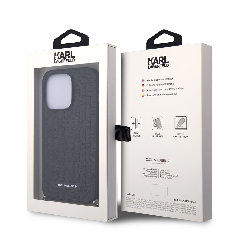 Husa pentru Apple iPhone 14 Pro, Karl Lagerfeld, Saffiano Monogram Chain, Neagra