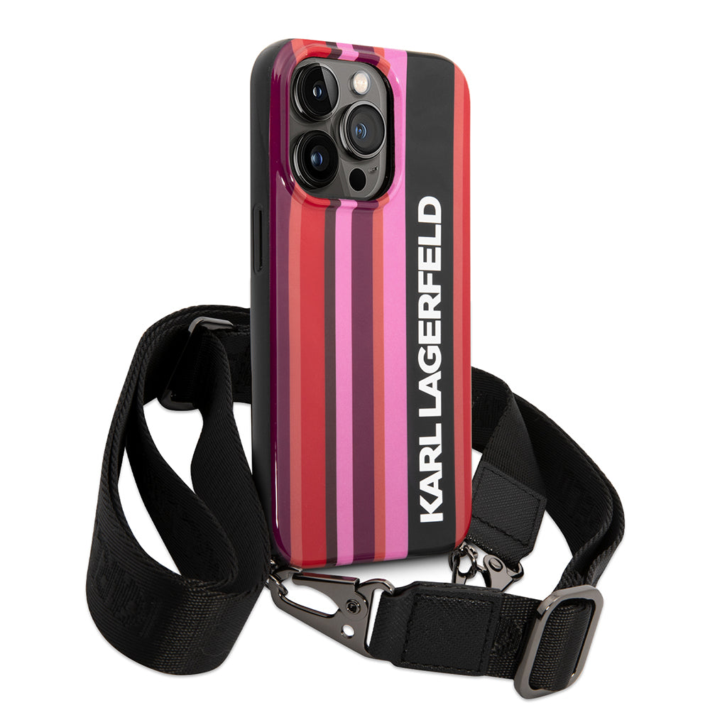 Husa pentru Apple iPhone 14 Pro Max, Karl Lagerfeld, Color Stripes with Strap, Roz