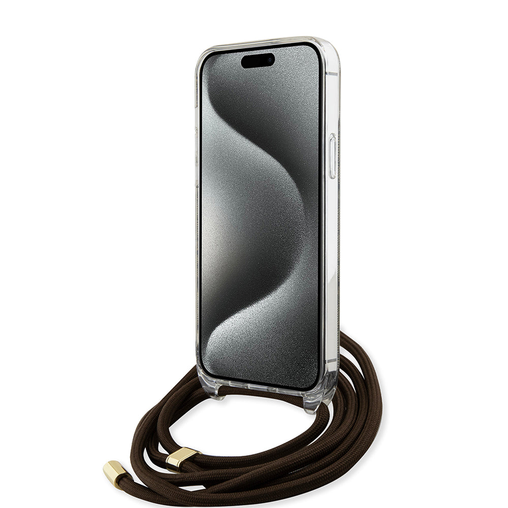 Husa pentru Apple iPhone 15, Guess, 4G IML Printed Crossbody, Maro