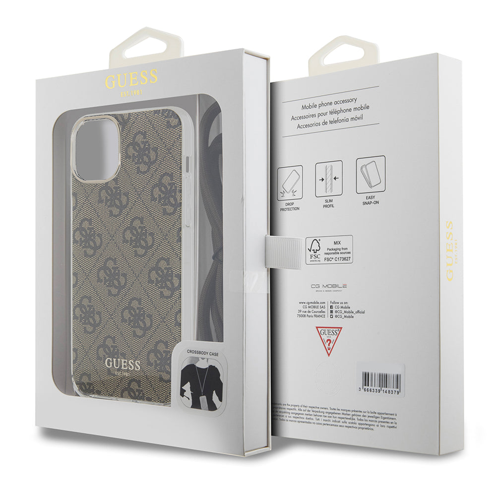 Husa pentru Apple iPhone 15, Guess, 4G IML Printed Crossbody, Maro