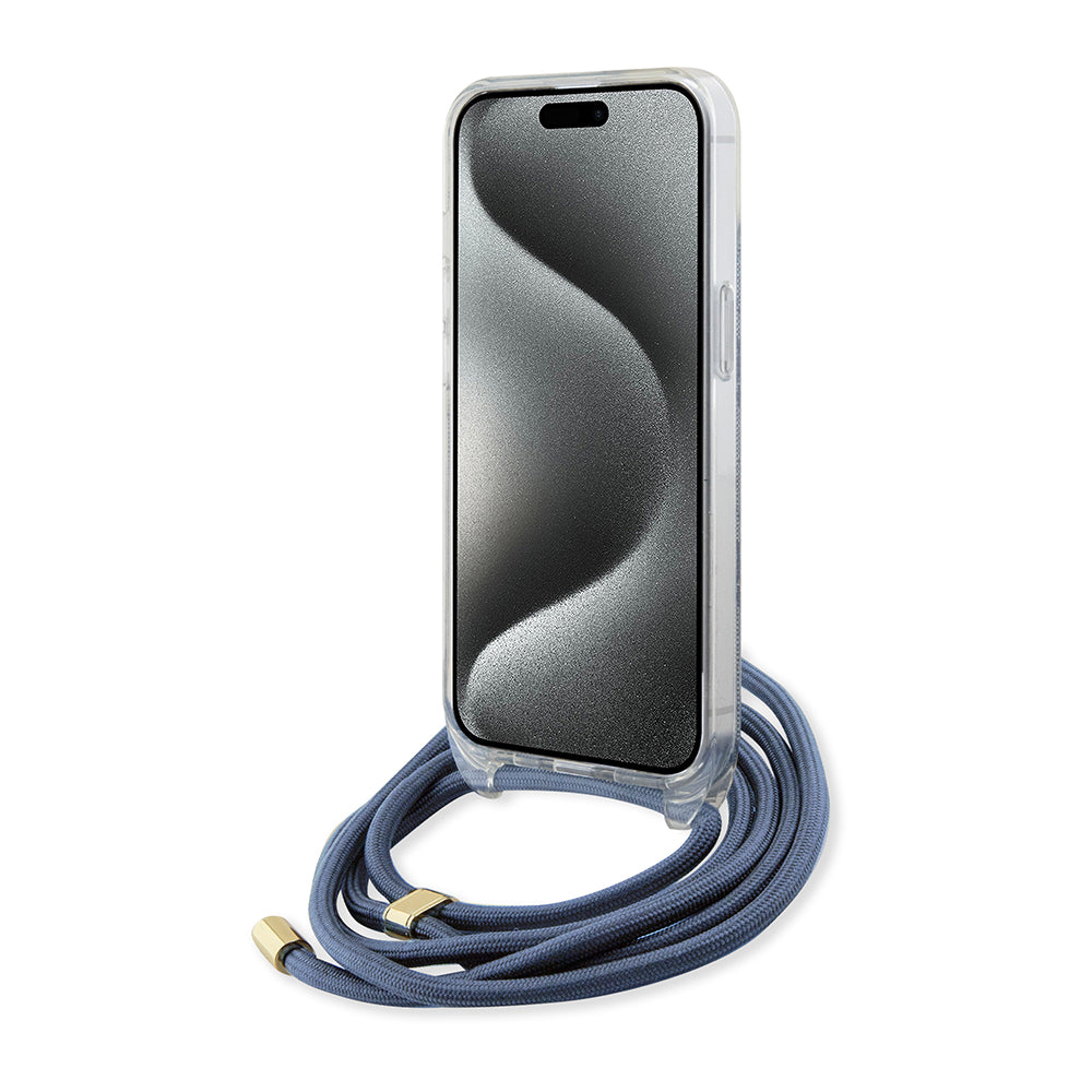Husa pentru Apple iPhone 15, Guess, Crossbody Cord 4G Print, Albastra