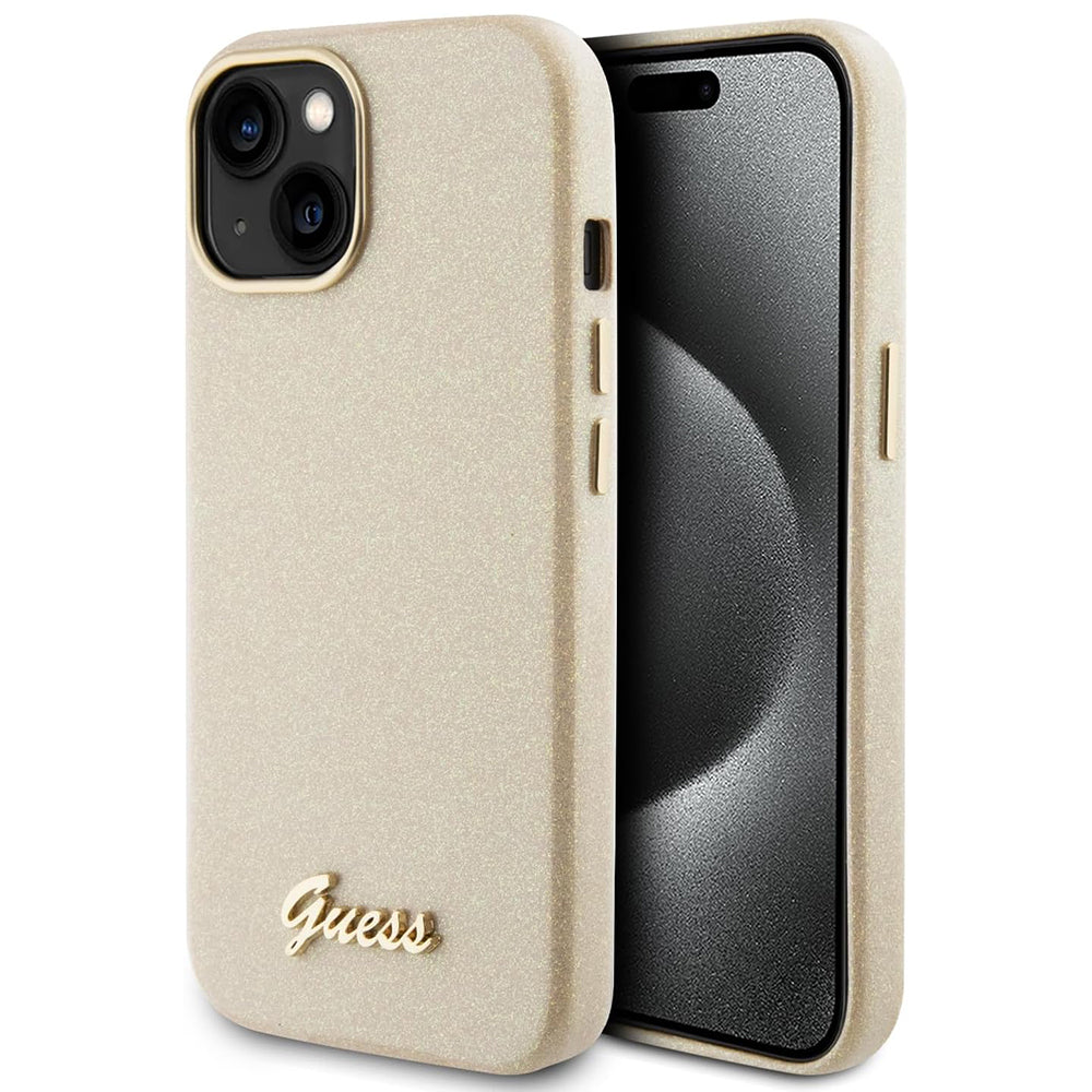 Husa pentru Apple iPhone 15, Guess, Glitter Glossy Script, Bej