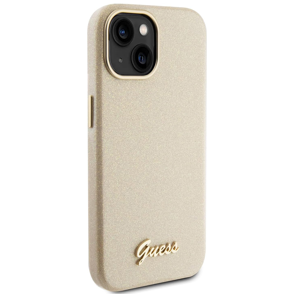 Husa pentru Apple iPhone 15, Guess, Glitter Glossy Script, Bej