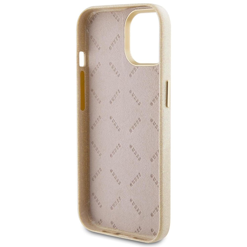 Husa pentru Apple iPhone 15, Guess, Glitter Glossy Script, Bej