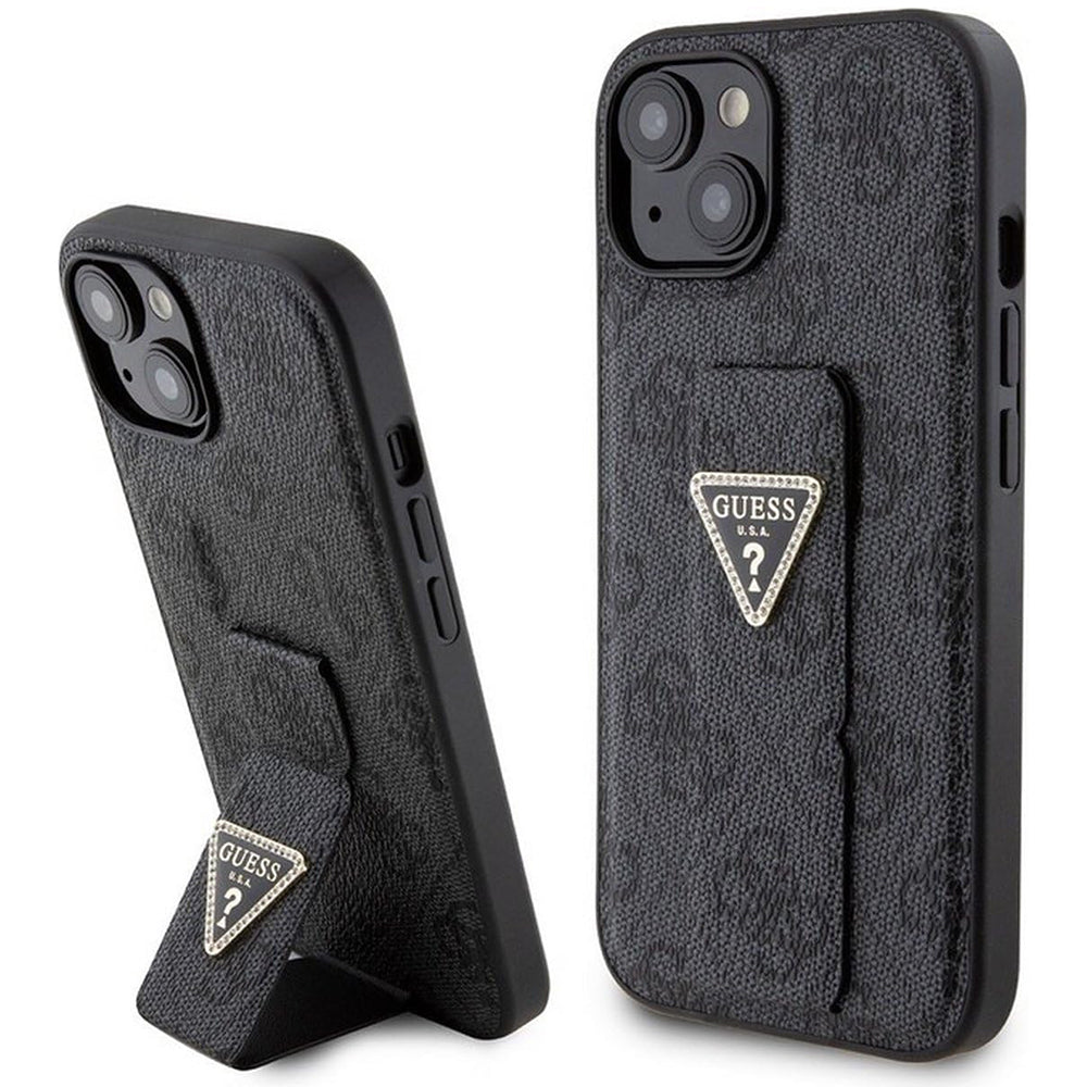 Husa pentru Apple iPhone 15, Guess, Grip Stand 4G Triangle Strass, Neagra