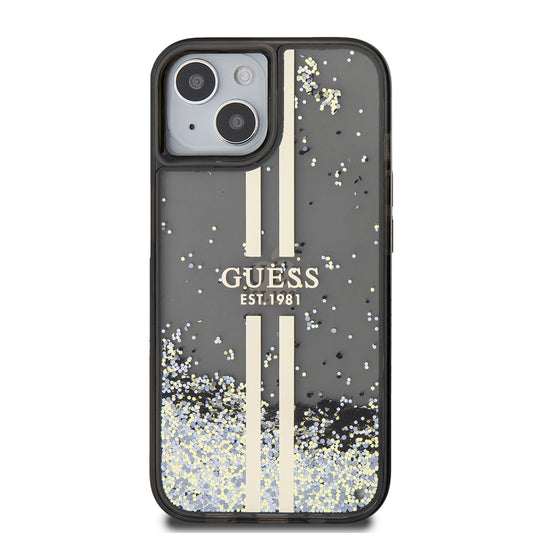 Husa pentru Apple iPhone 15, Guess, Liquid Glitter Gold Stripes, Neagra