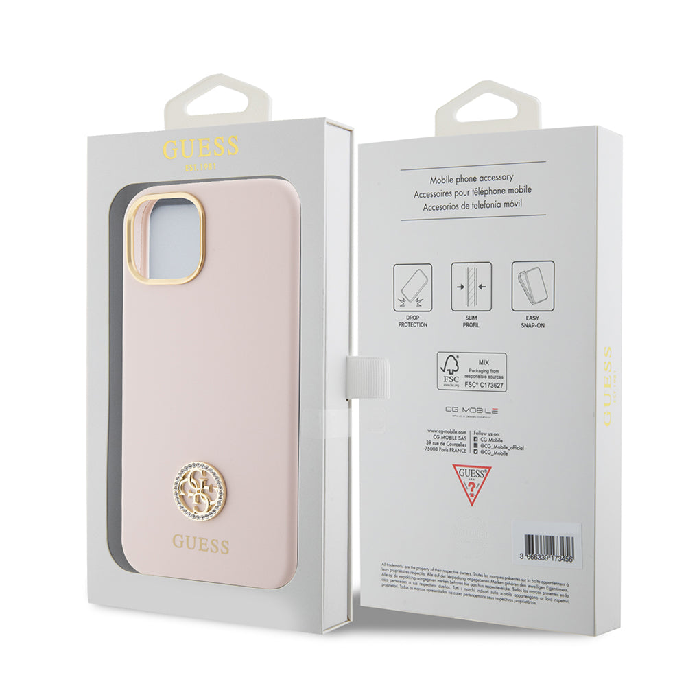 Husa pentru Apple iPhone 15, Guess, Logo Strass 4G, Roz Deschis