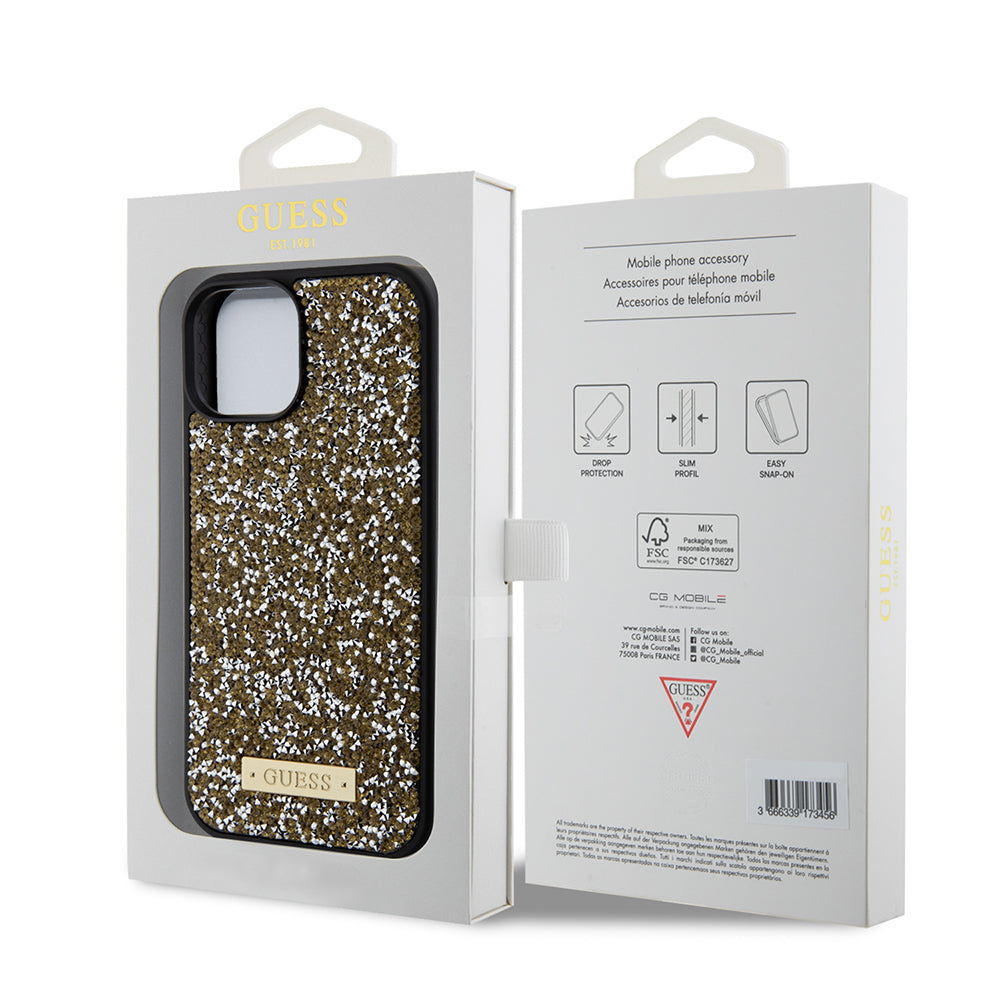 Husa pentru Apple iPhone 15, Guess, Rhinestone Metal Logo, Galbena
