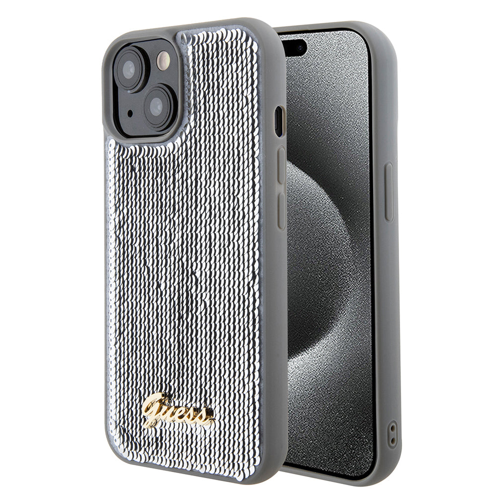 Husa pentru Apple iPhone 15, Guess, Sequin Script Metal, Argintie