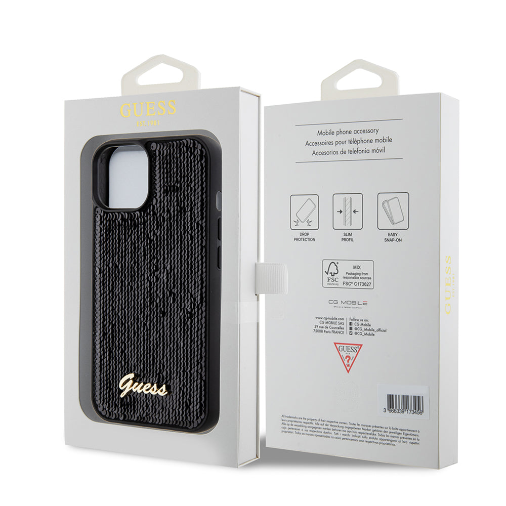 Husa pentru Apple iPhone 15, Guess, Sequin Script Metal, Neagra