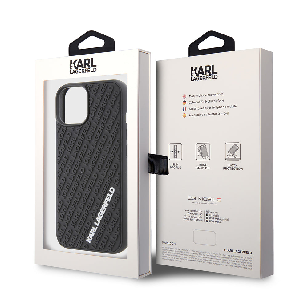 Husa pentru Apple iPhone 15, Karl Lagerfeld, 3D Rubber Multi Logo, Neagra