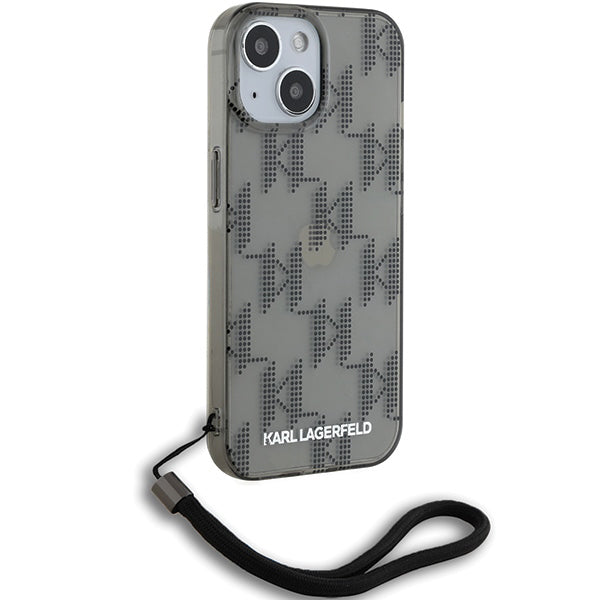 Husa pentru Apple iPhone 15, Karl Lagerfeld, IML Luxury Monogram KL Pattern with Strap, Neagra