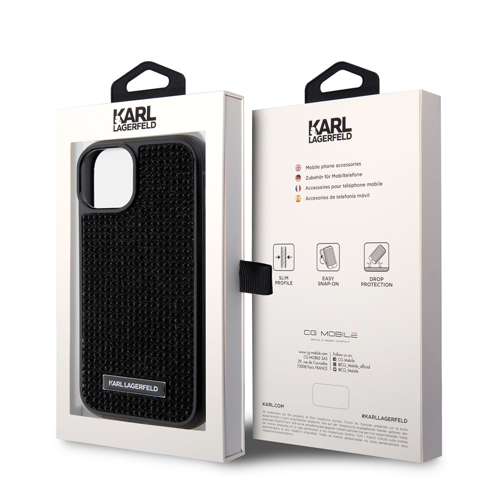 Husa pentru Apple iPhone 15, Karl Lagerfeld, Rhinestone Metal Plate, Neagra