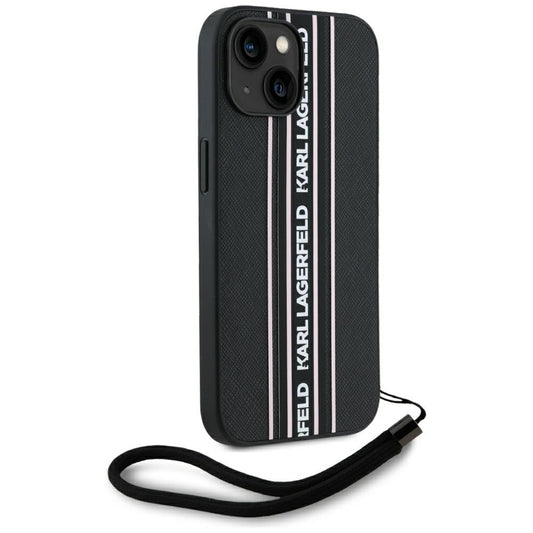 Husa pentru Apple iPhone 15, Karl Lagerfeld, Saffiano Athleisure Stripes with Strap, Roz