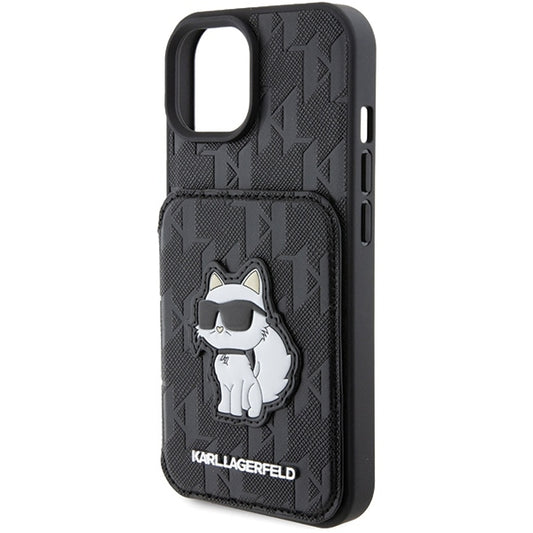 Husa pentru Apple iPhone 15, Karl Lagerfeld, Saffiano Cardslots and Stand Monogram Choupette, Neagra