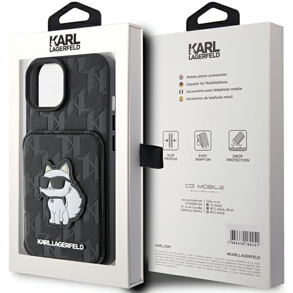 Husa pentru Apple iPhone 15, Karl Lagerfeld, Saffiano Cardslots and Stand Monogram Choupette, Neagra