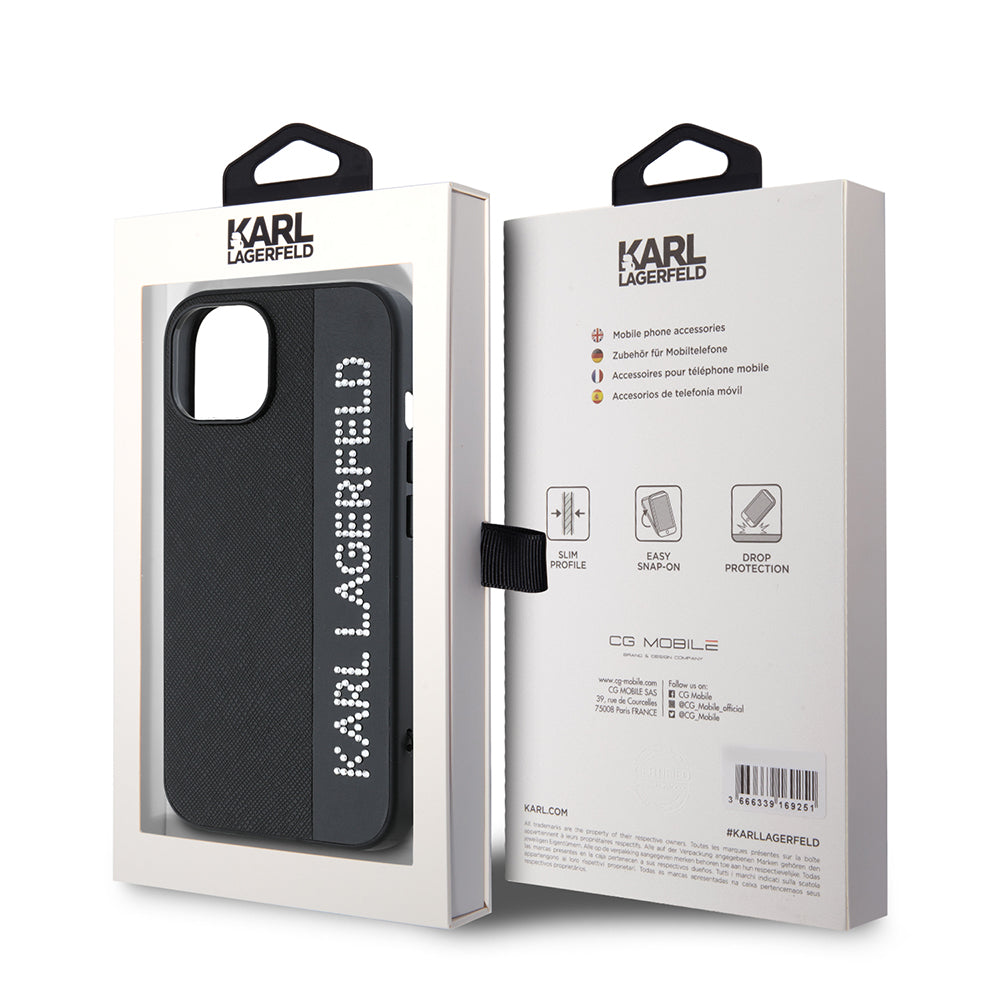 Husa pentru Apple iPhone 15, Karl Lagerfeld, Saffiano Rhinestones & Charm, Neagra