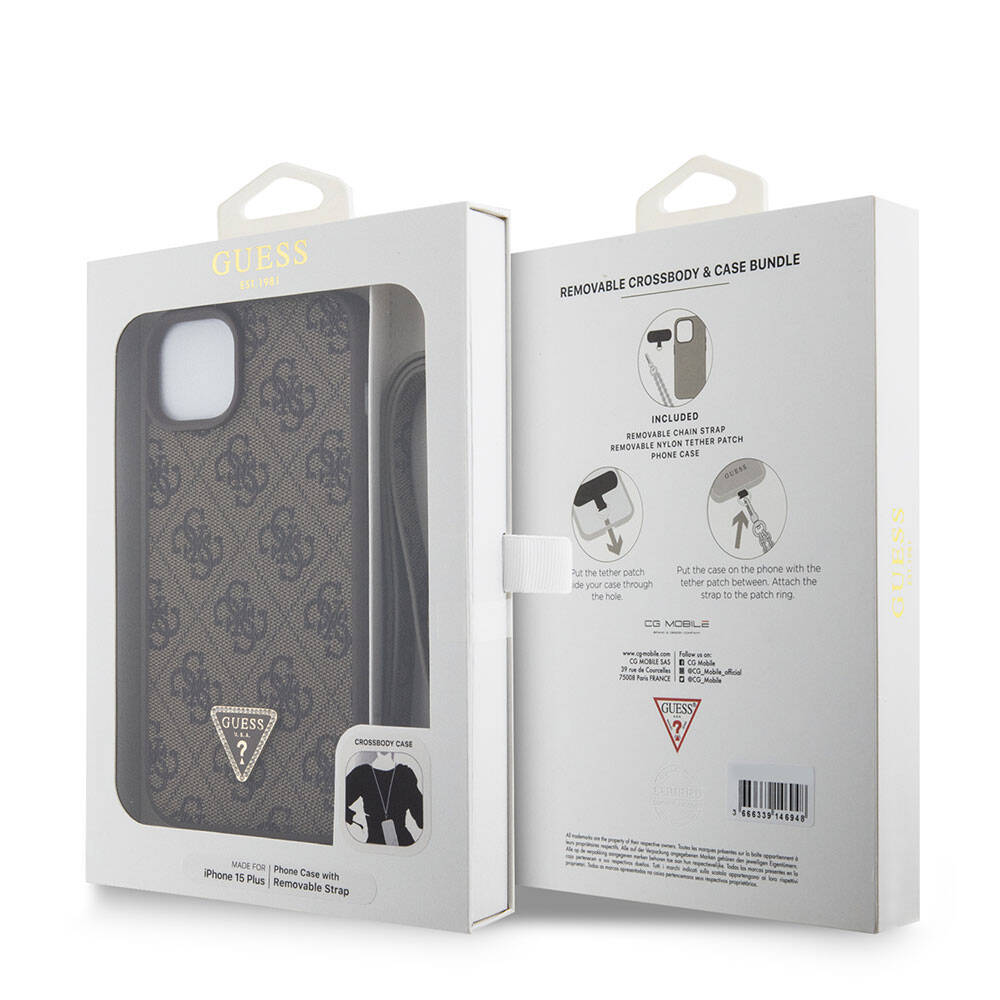 Husa pentru Apple iPhone 15 Plus, Guess, Crossbody 4G Metal Logo, Maro