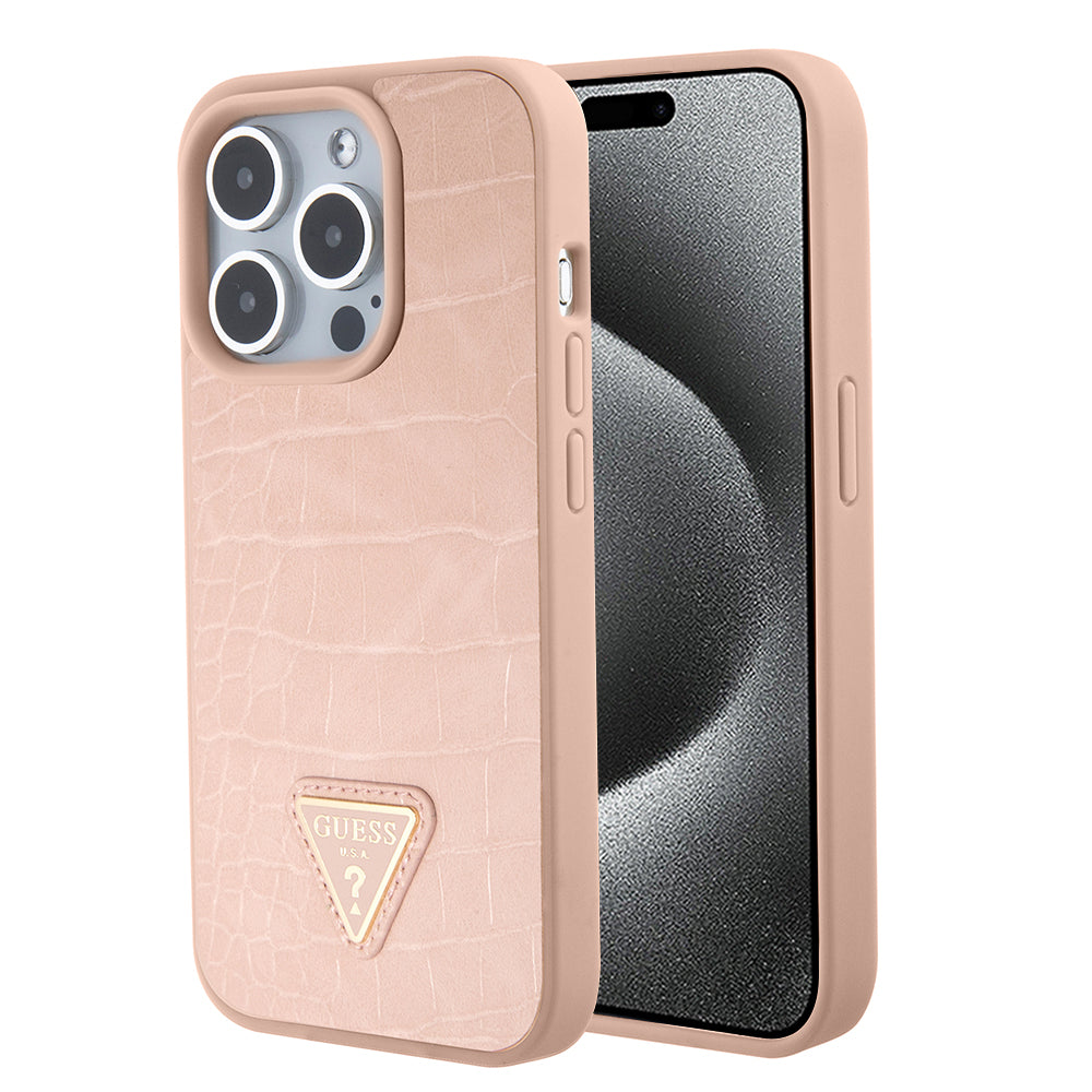 Husa pentru Apple iPhone 15 Pro, Guess, Croco Triangle Metal Logo, Roz