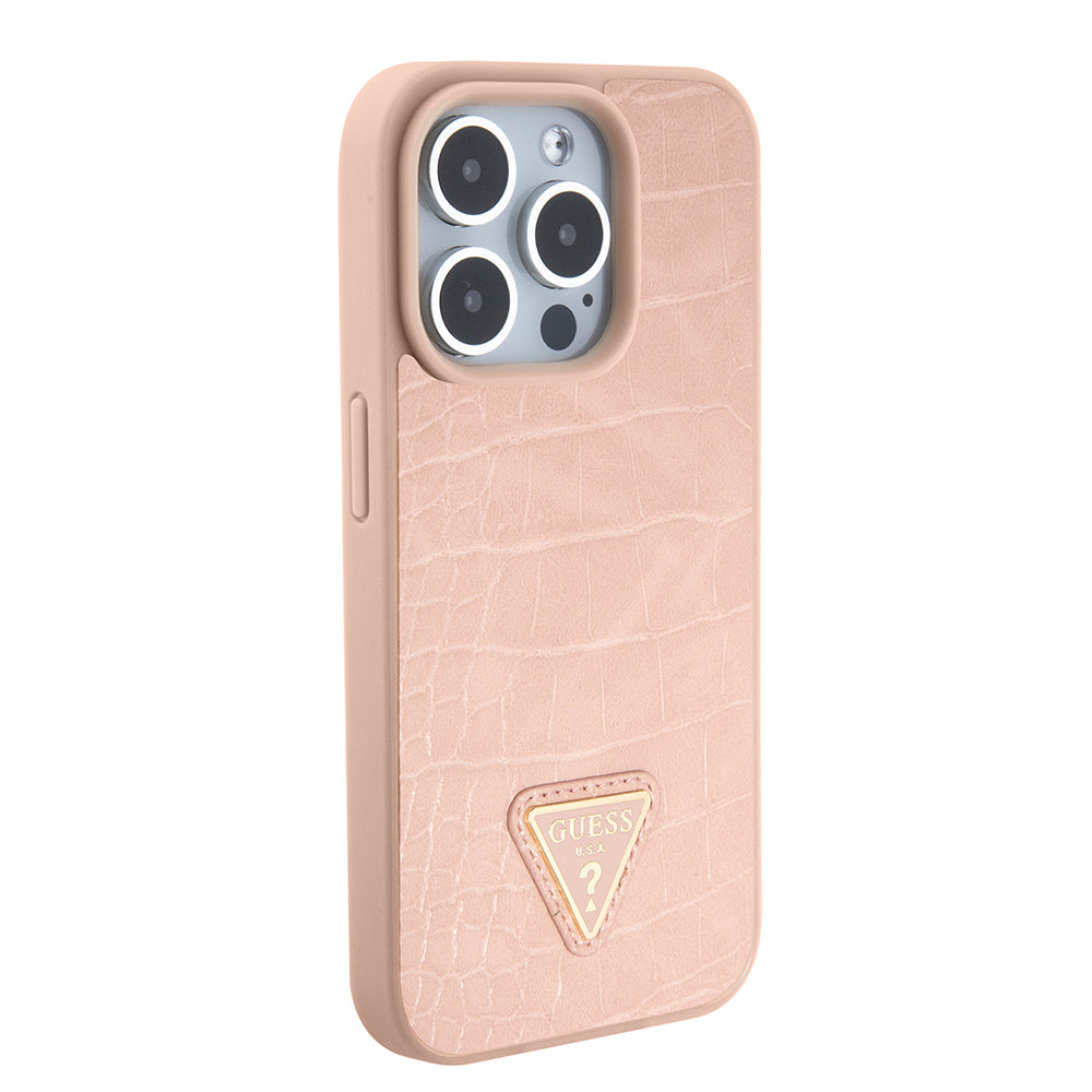Husa pentru Apple iPhone 15 Pro, Guess, Croco Triangle Metal Logo, Roz