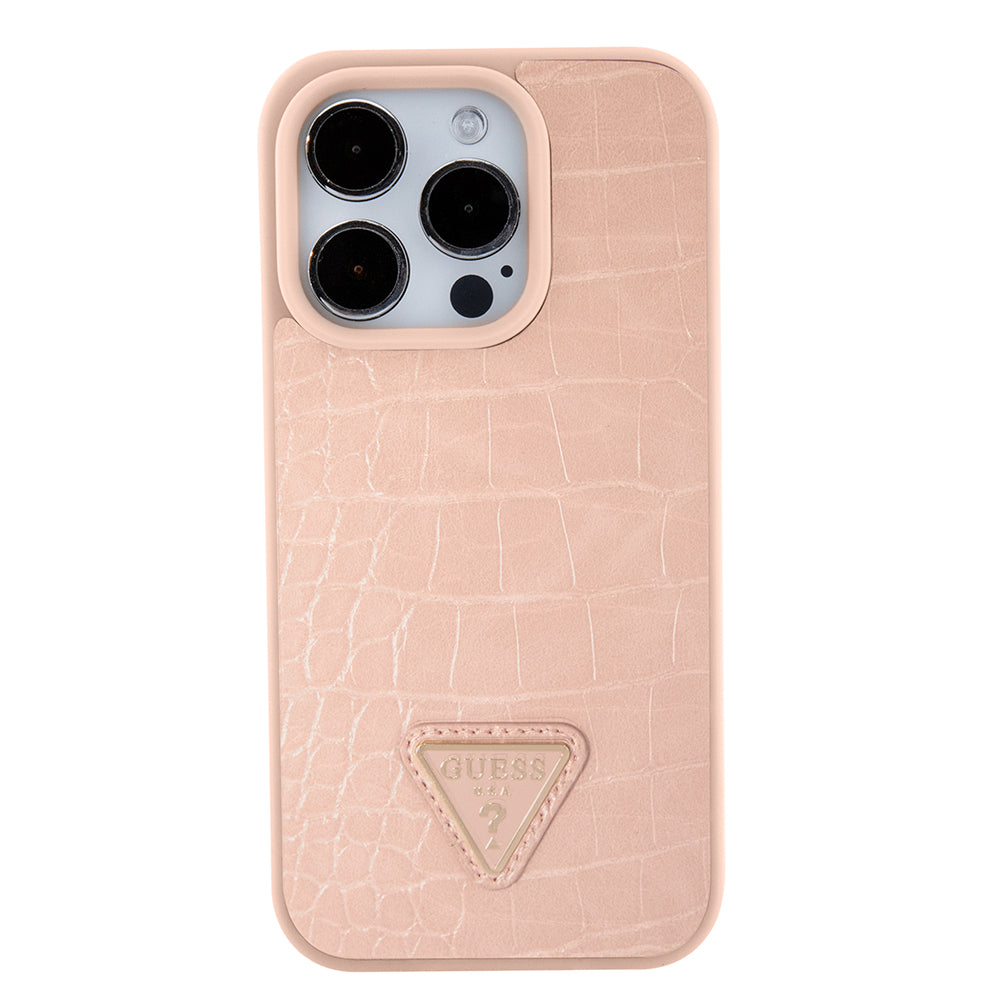 Husa pentru Apple iPhone 15 Pro, Guess, Croco Triangle Metal Logo, Roz