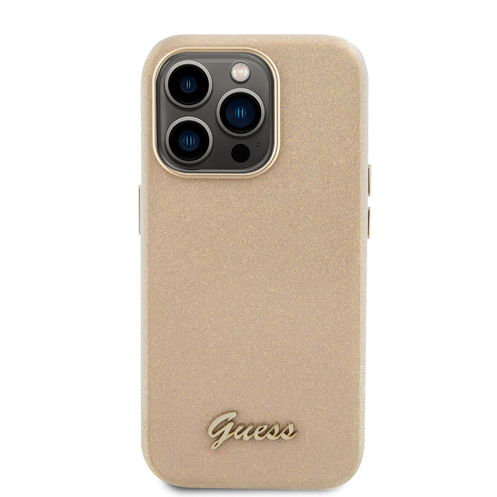 Husa pentru Apple iPhone 15 Pro, Guess, Glitter Glossy Script, Bej