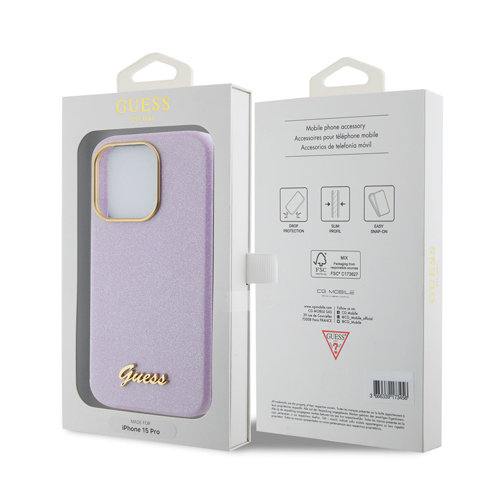 Husa pentru Apple iPhone 15 Pro, Guess, Glitter Glossy Script, Mov Deschis