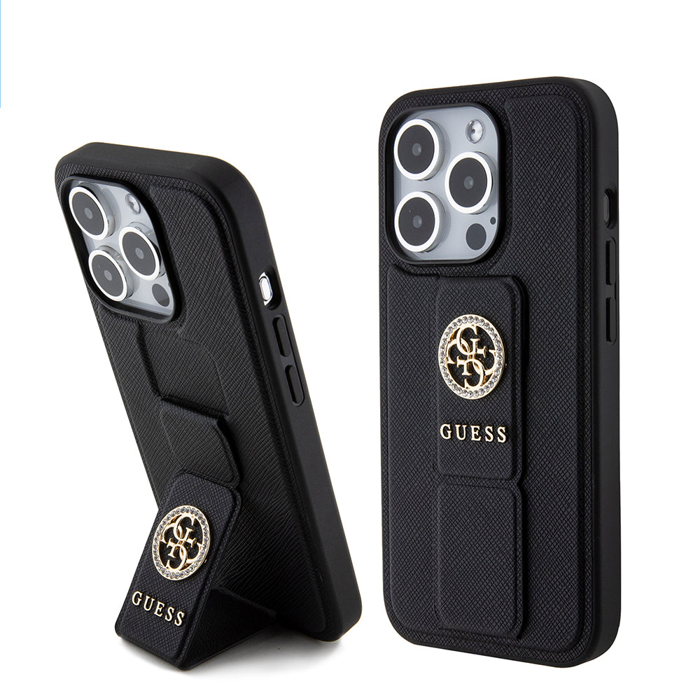 Husa pentru Apple iPhone 15 Pro, Guess, Grip Stand 4G Saffiano Strass, Neagra