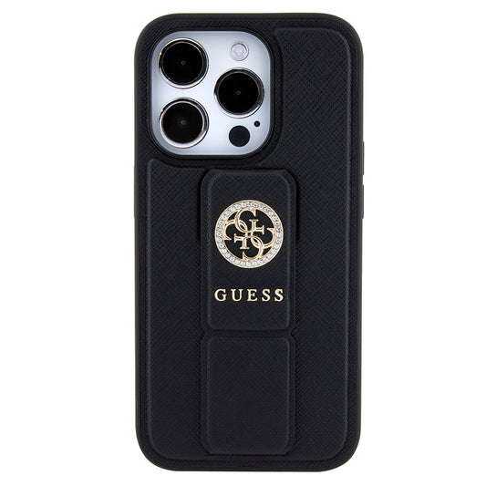 Husa pentru Apple iPhone 15 Pro, Guess, Grip Stand 4G Saffiano Strass, Neagra