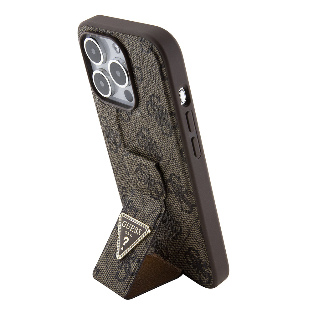 Husa pentru Apple iPhone 15 Pro, Guess, Grip Stand 4G Triangle Strass, Maro