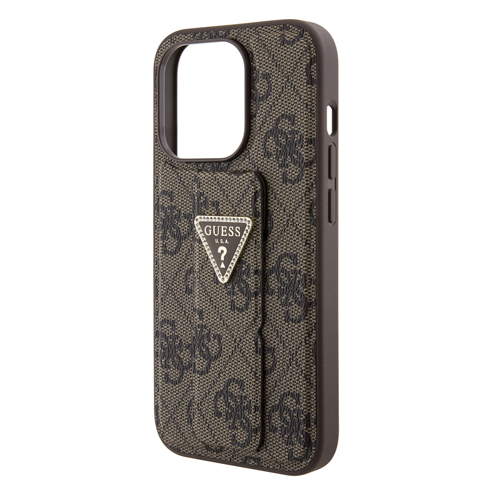 Husa pentru Apple iPhone 15 Pro, Guess, Grip Stand 4G Triangle Strass, Maro