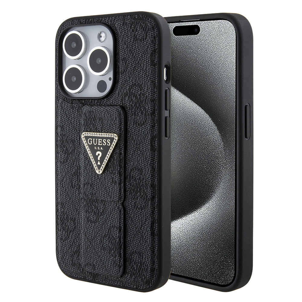 Husa pentru Apple iPhone 15 Pro, Guess, Grip Stand 4G Triangle Strass, Neagra