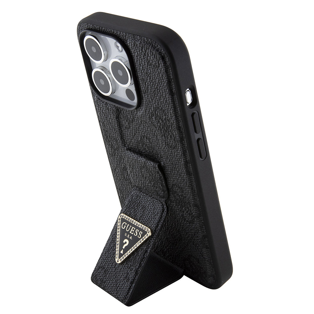 Husa pentru Apple iPhone 15 Pro, Guess, Grip Stand 4G Triangle Strass, Neagra