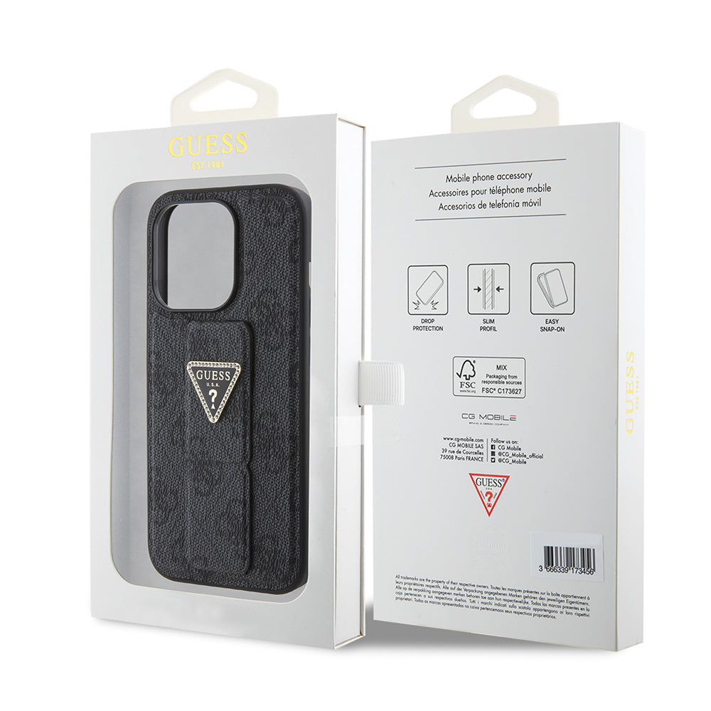 Husa pentru Apple iPhone 15 Pro, Guess, Grip Stand 4G Triangle Strass, Neagra