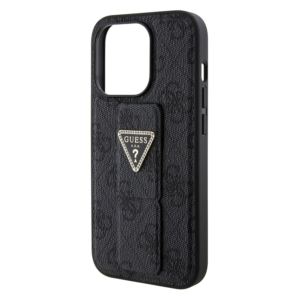 Husa pentru Apple iPhone 15 Pro, Guess, Grip Stand 4G Triangle Strass, Neagra