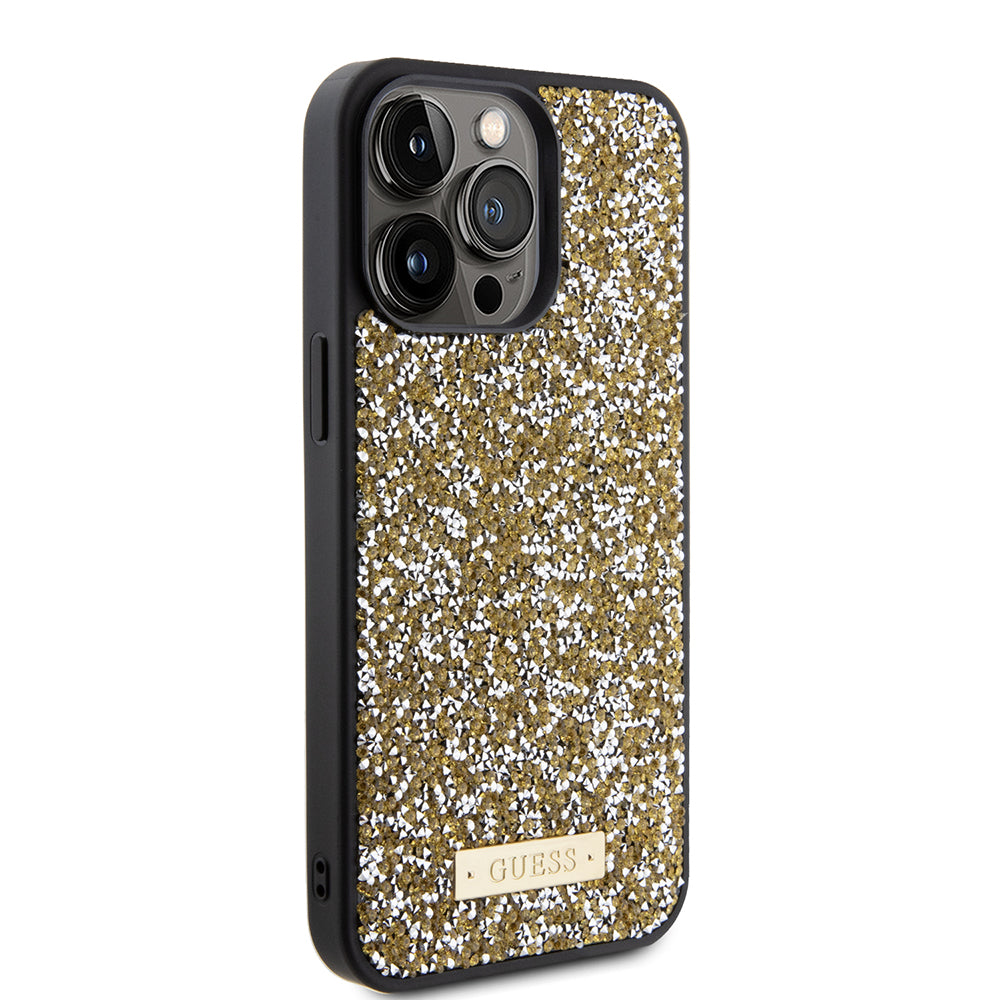 Husa pentru Apple iPhone 15 Pro, Guess, Rhinestone Metal Logo, Galbena