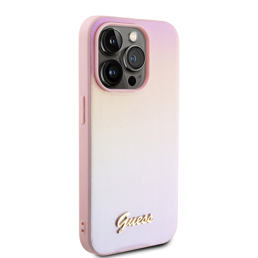 Husa pentru Apple iPhone 15 Pro, Guess, Saffiano Iridescent Script, Roz
