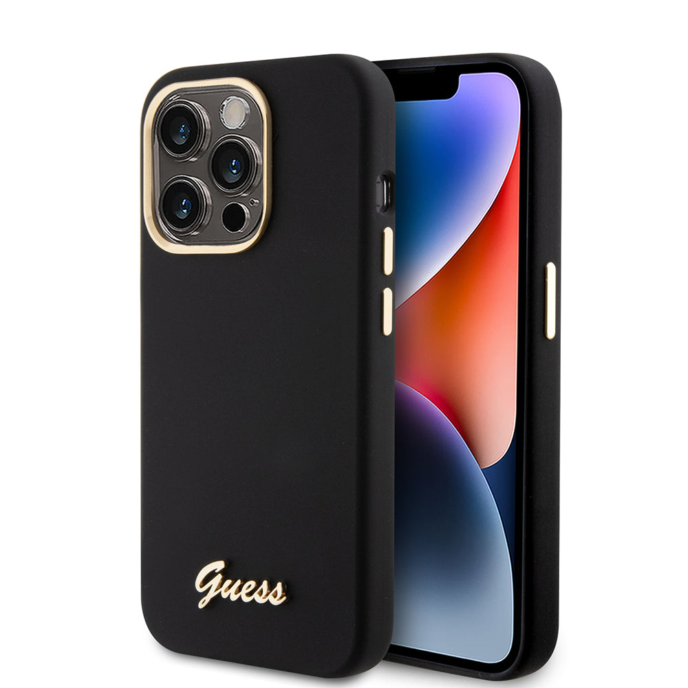Husa pentru Apple iPhone 15 Pro, Guess, Script Metal Logo & Frame, Neagra