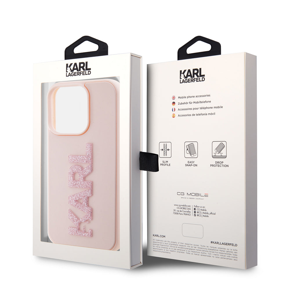 Husa pentru Apple iPhone 15 Pro, Karl Lagerfeld, 3D Rubber Glitter Logo Karl, Roz