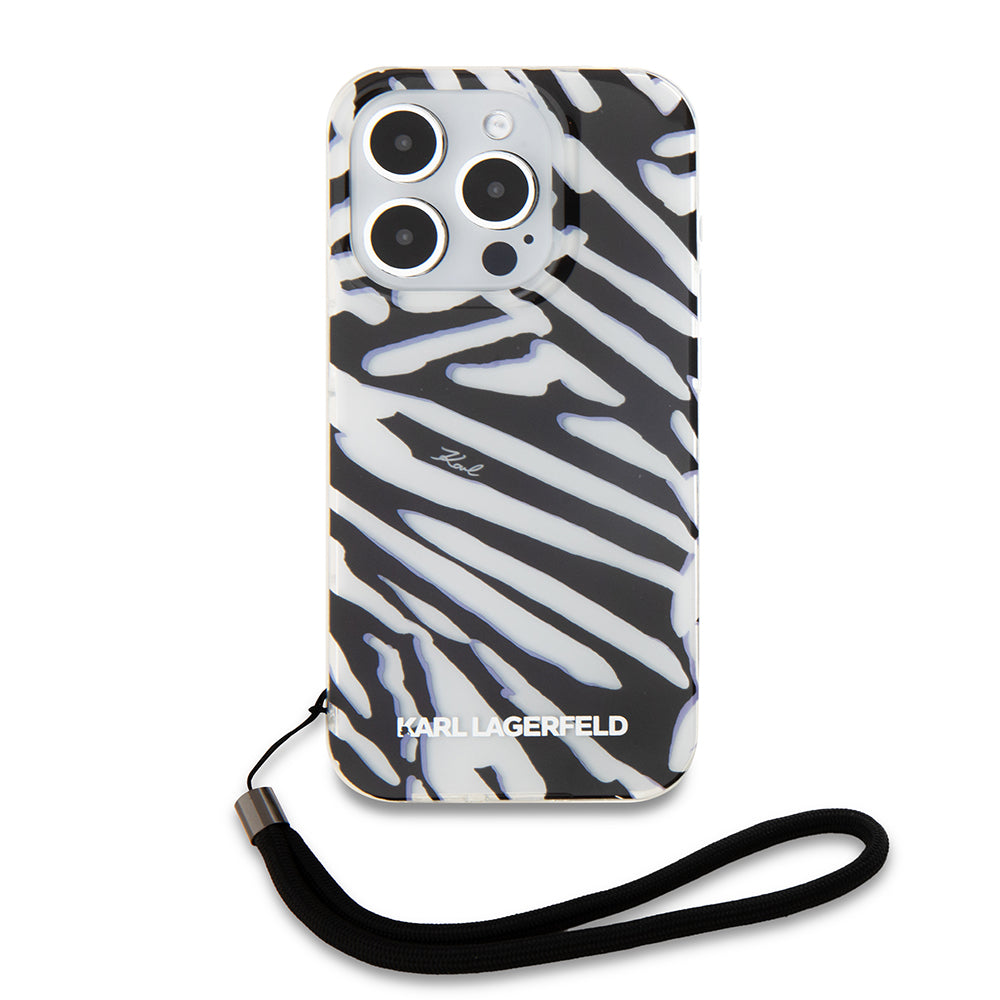 Husa pentru Apple iPhone 15 Pro, Karl Lagerfeld, IML Luxury Zebra Pattern with Strap, Neagra