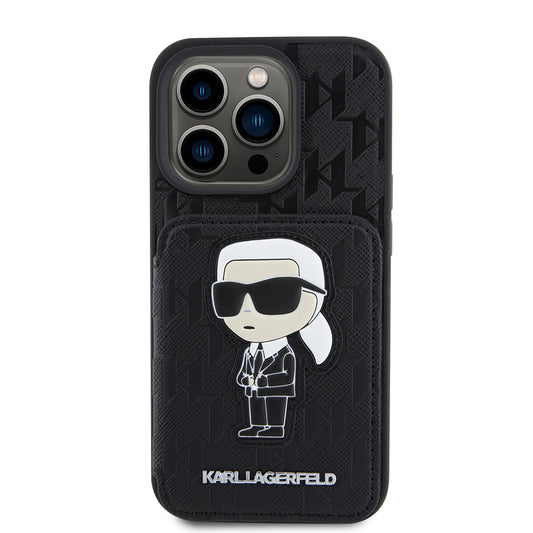 Husa pentru Apple iPhone 15 Pro, Karl Lagerfeld, Saffiano Cardslots and Stand Monogram Ikonik Karl, Neagra