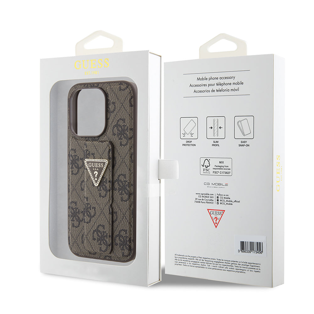 Husa pentru Apple iPhone 15 Pro Max, Guess, Grip Stand 4G Triangle Strass, Maro