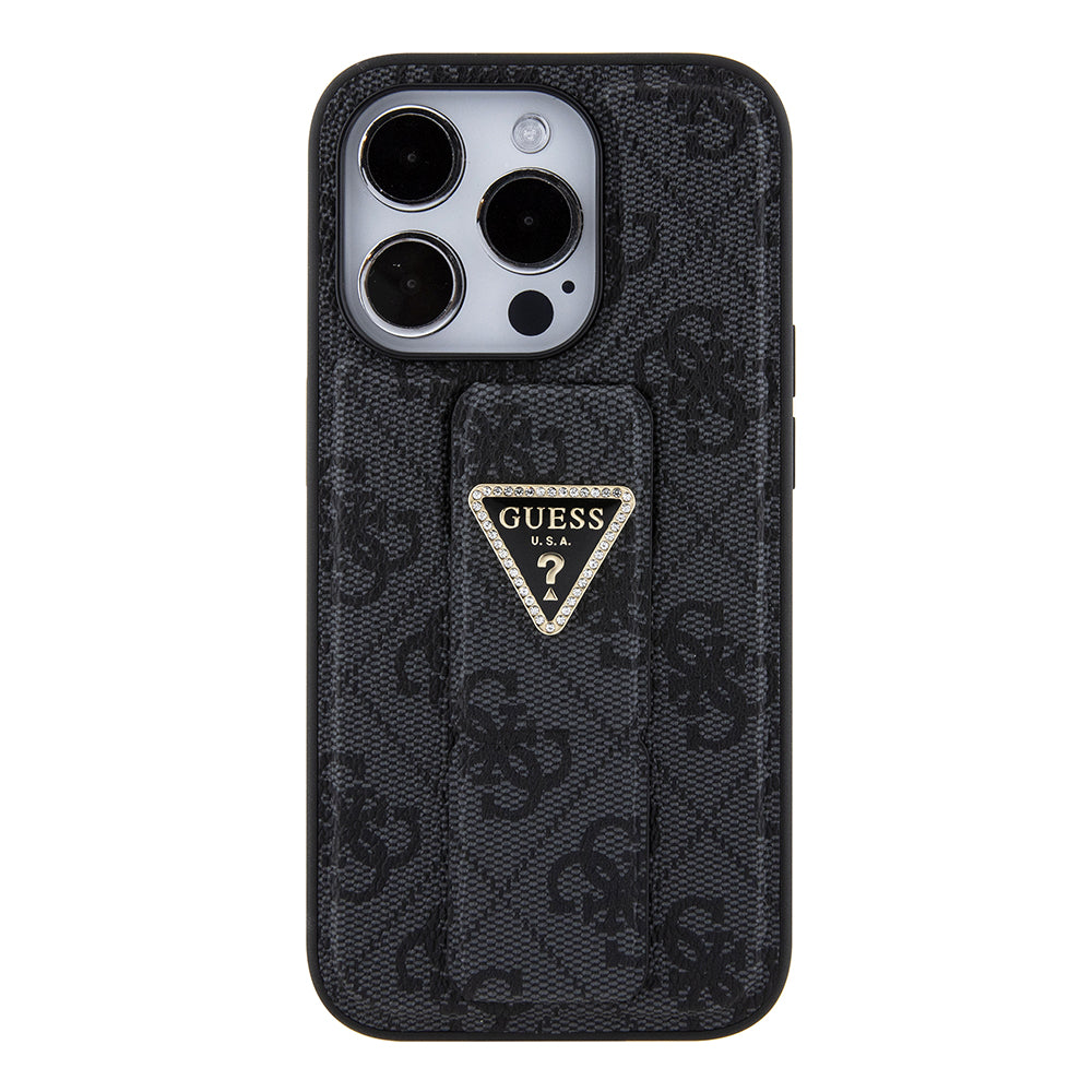 Husa pentru Apple iPhone 15 Pro Max, Guess, Grip Stand 4G Triangle Strass, Neagra