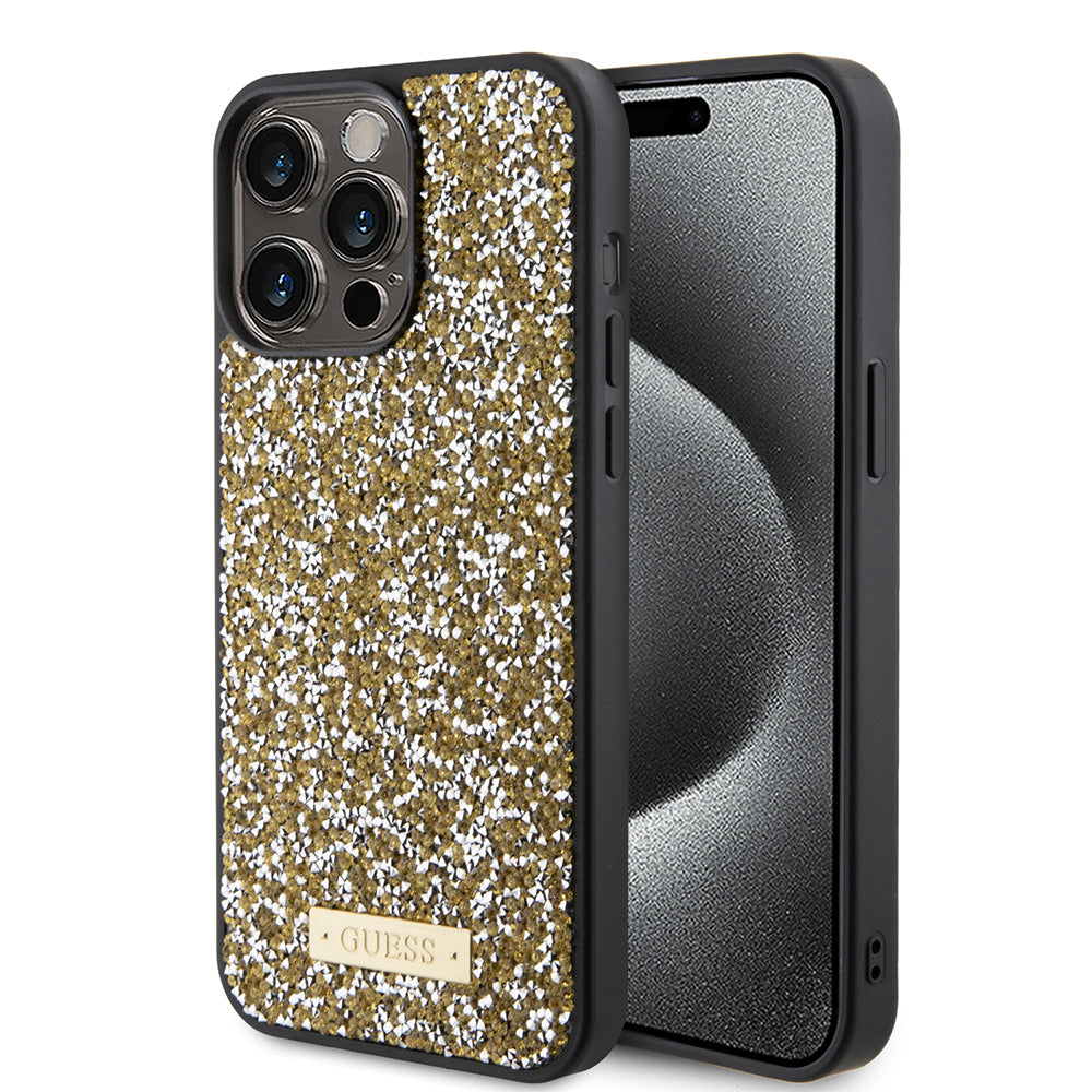 Husa pentru Apple iPhone 15 Pro Max, Guess, Rhinestone Metal Logo, Galbena